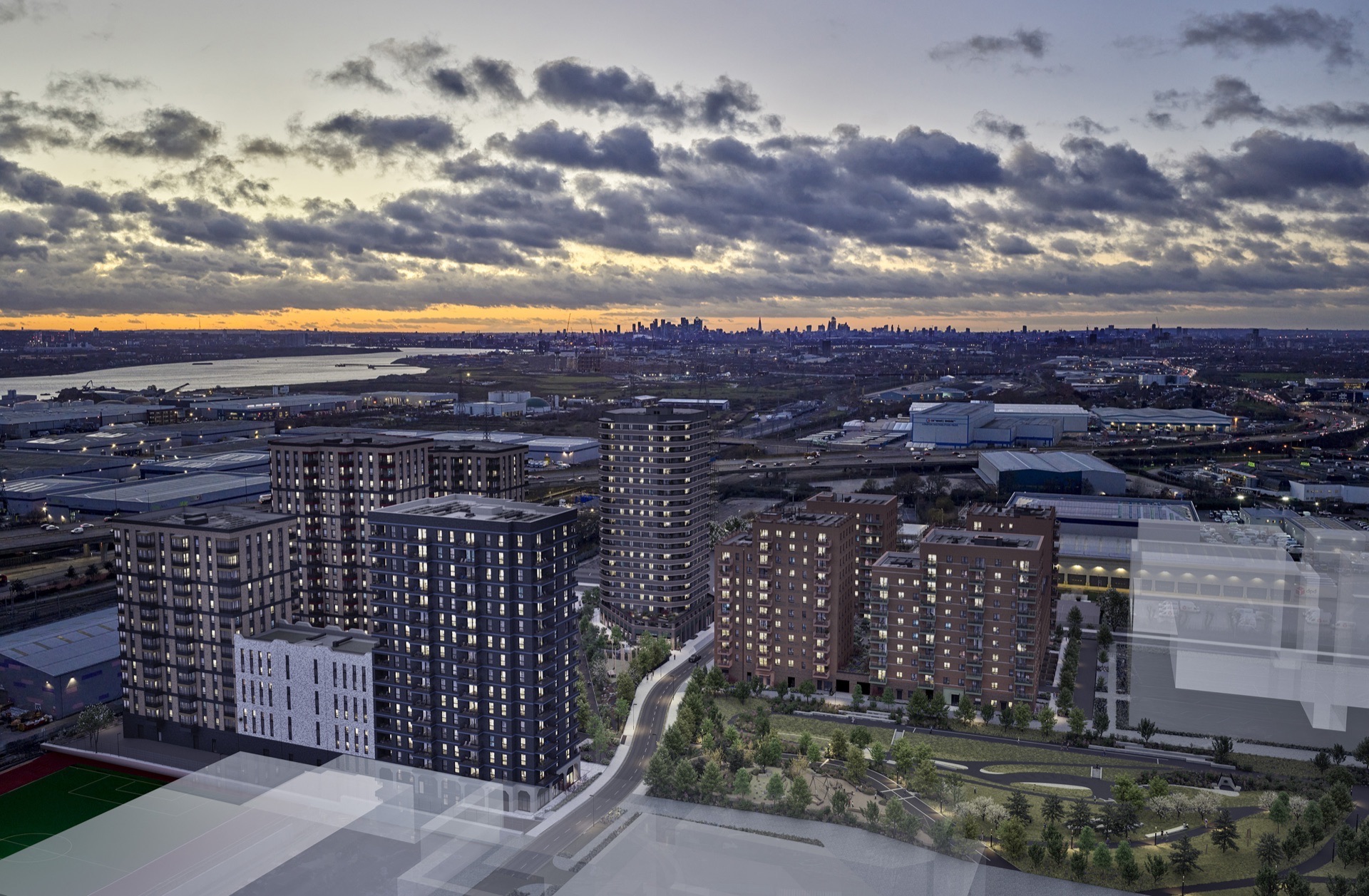 Dagenham Green - Hero Exterior Aerial & Architectural Dusk CGI